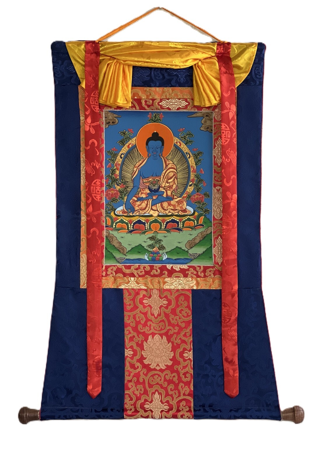 MEDICINE BUDDHA ORIGINAL MASTERPIECE TIBETAN THANGKA PAINTING WITH SILK BROCADE