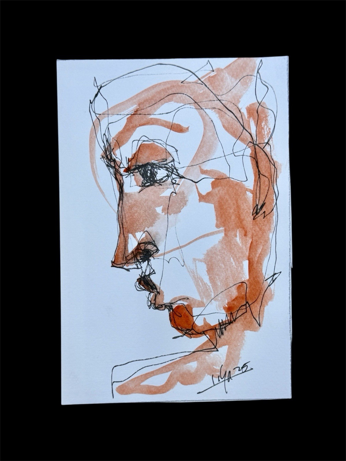 Terracotta Profile – Original Ink & Watercolor on Canson 4×6 – Abstract Portrait