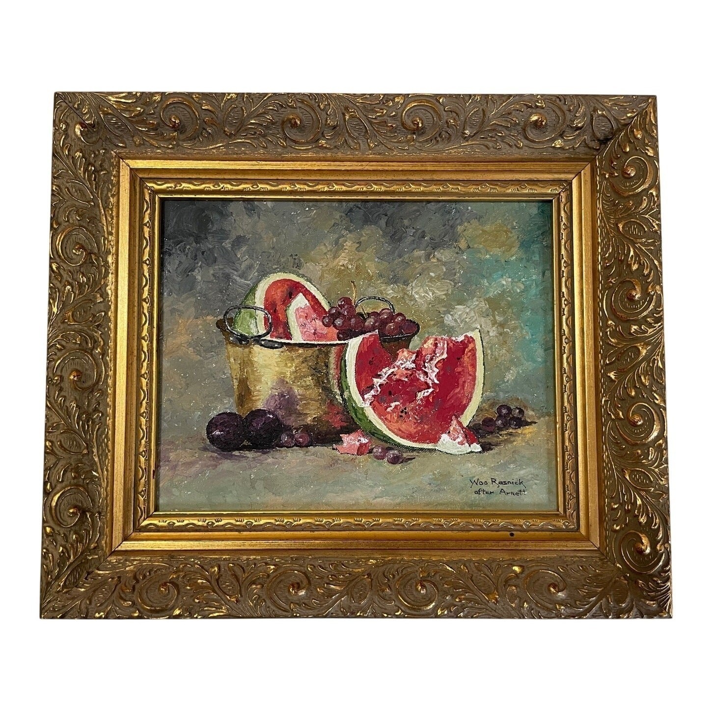 Original Oil Painting Watermelon Grapes Copper Bucket Still Life Framed Signed