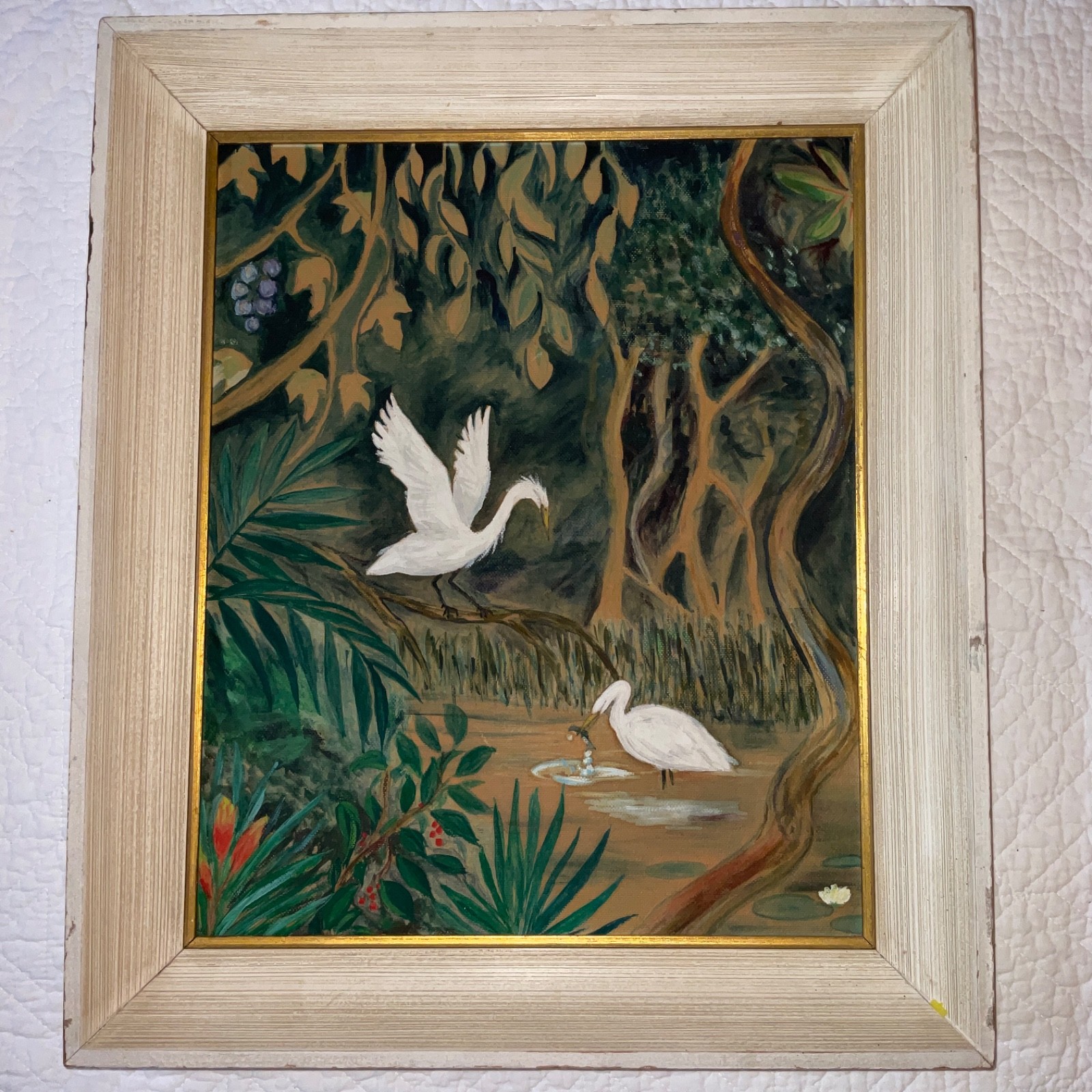 VINTAGE 60s original hand painted PAINTING Bird egrets