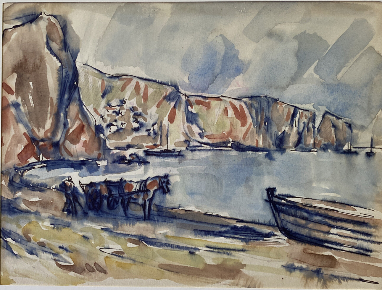William C. Grauer (Ohio 1896-1985) Horses, Boat, Mountains and Lake Watercolor