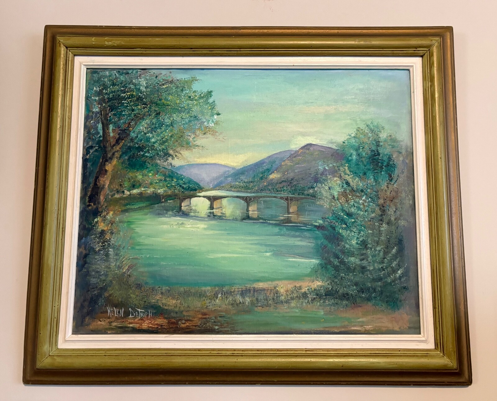 Vintage River Landscape Oil Painting, Signed Helen Dietrich, 20″x25″ Framed MCM