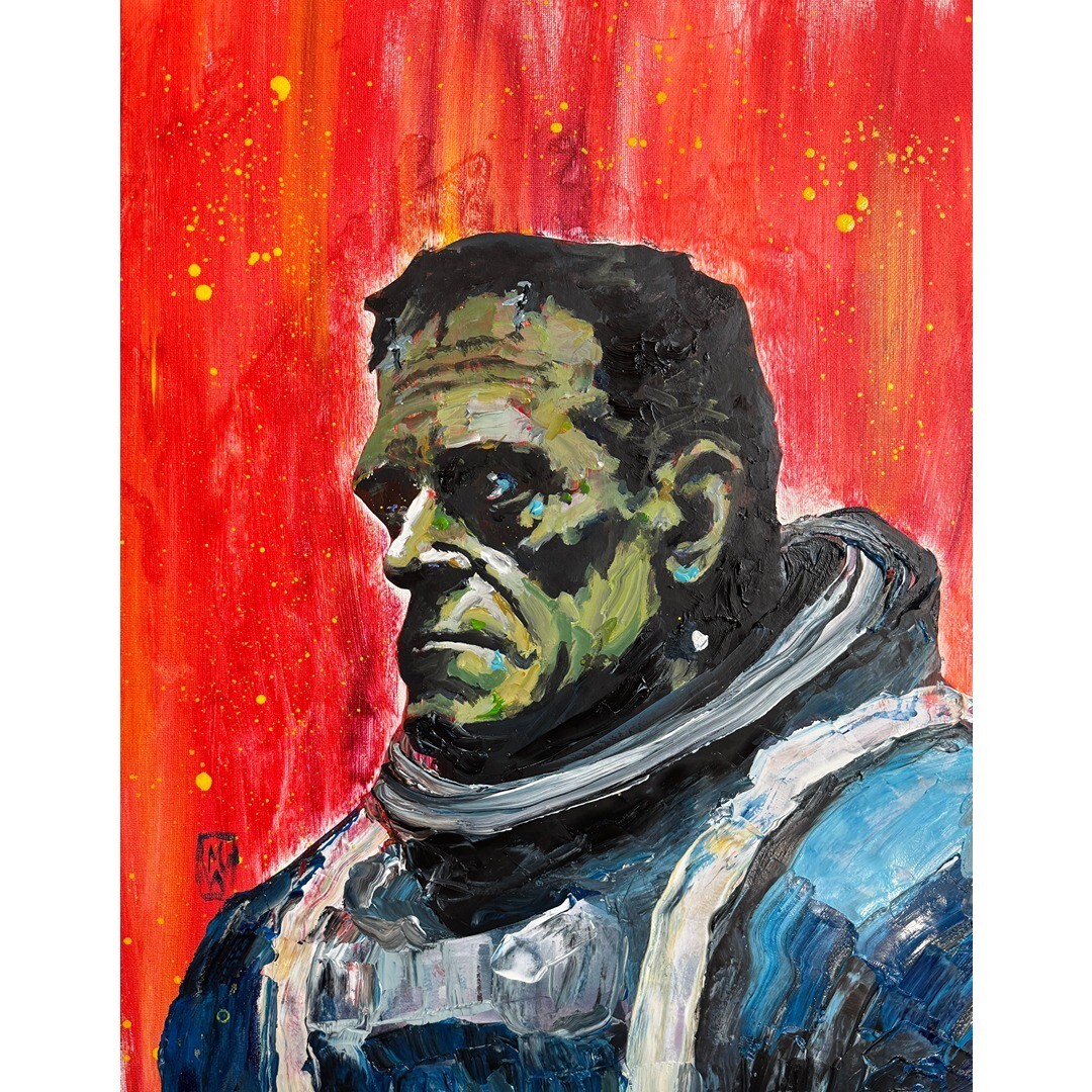 Original Impasto Frankenstein Astronaut Silly Monster Painting Art on Canvas 20″