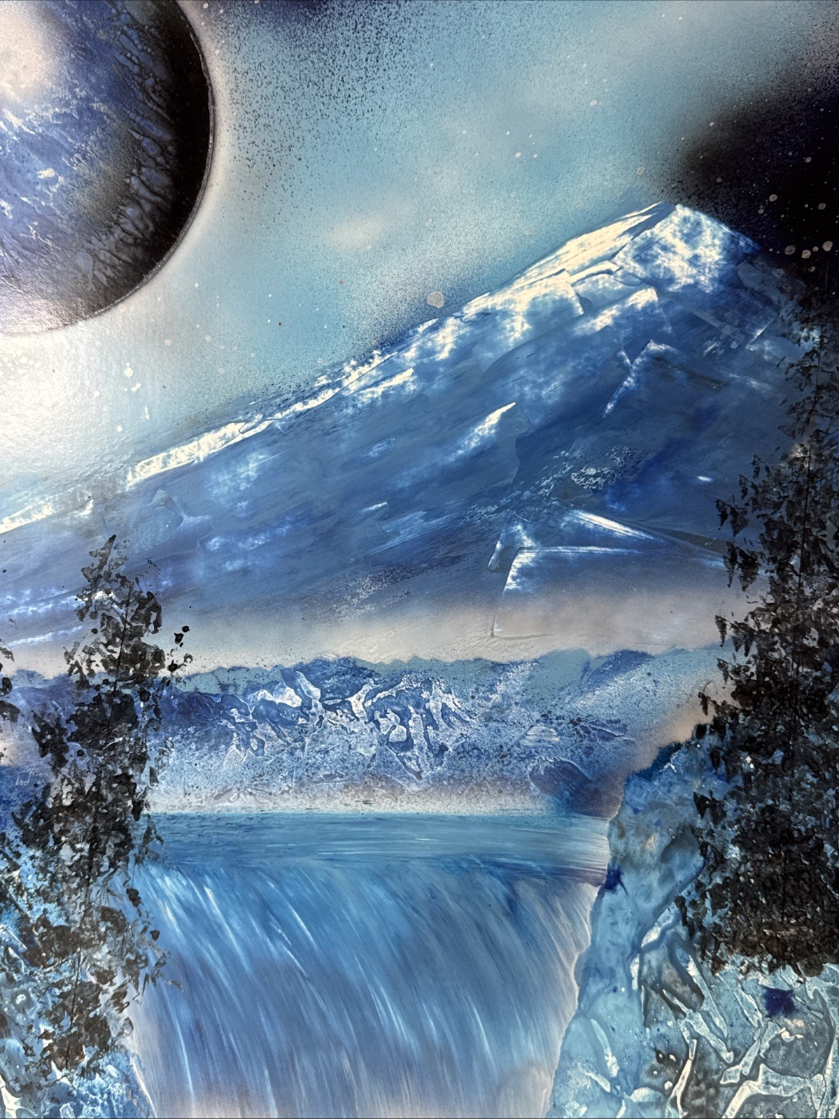 Outer Space Painting A Planet Mountain Waterfalls Landscape Mixed Media