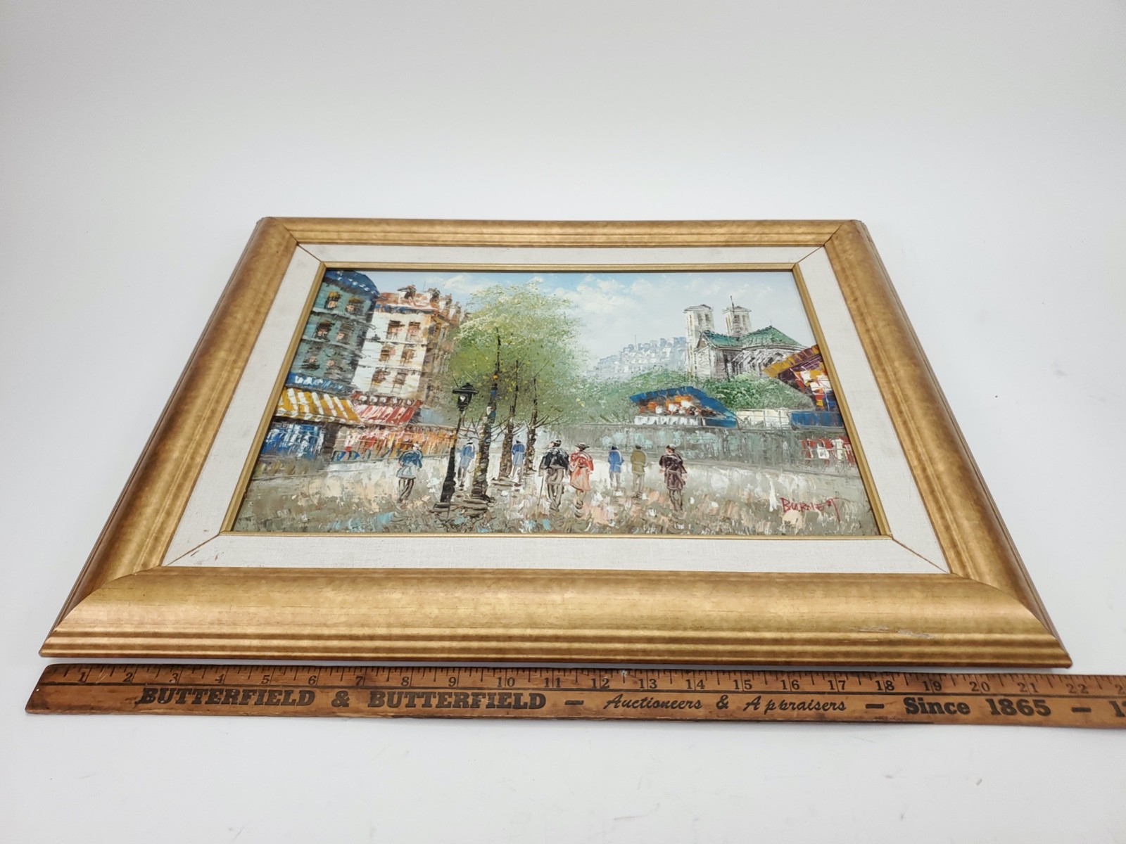Caroline Burnett Signed Paris Street Scene Oil Painting Notre Dame Gilt Frame
