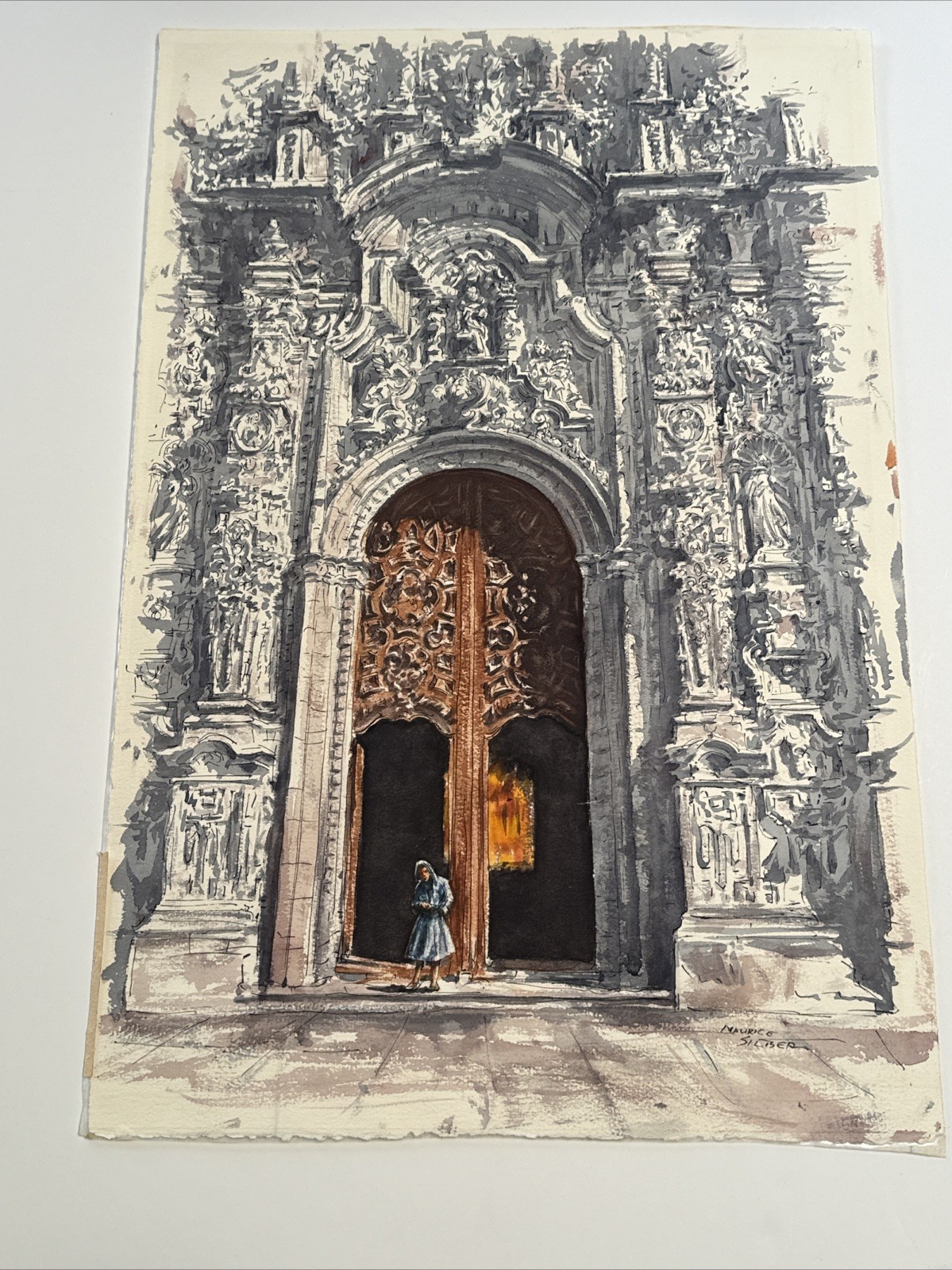 MUSEUM QUALITY PAINTING ARCHITECTURAL SOUTH AMERICA CHURCH MAURICE SILBER 1970