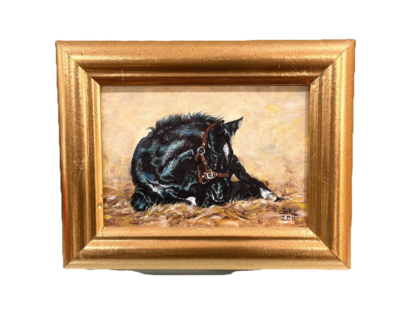 2011 Signed Equestrian Horse Cabinet Oil Artwork Painting Gold Gilt Frame