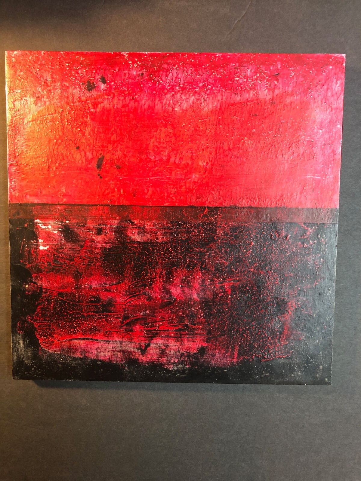 J.Bair Original Cold Wax Painting Artwork (10in x 10in x .75in) «Red Horizons»