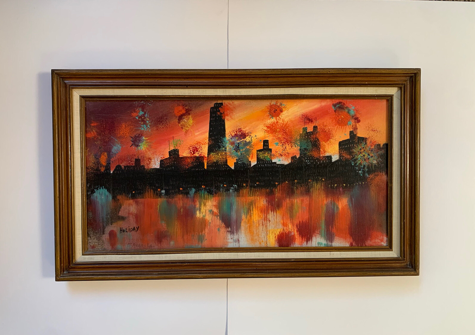 EMILIO AZAROLA (1902-1979) Spain Oil Painting MCM Cityscape Fireworks Vtg
