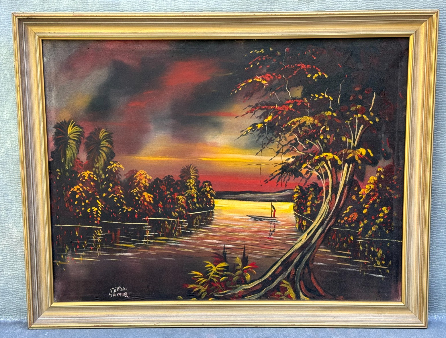DINGA SAMUEL AFRICAN LANDSCAPE OIL PAINTING MAN CROSSING RIVER AFRICA CONGO MCM