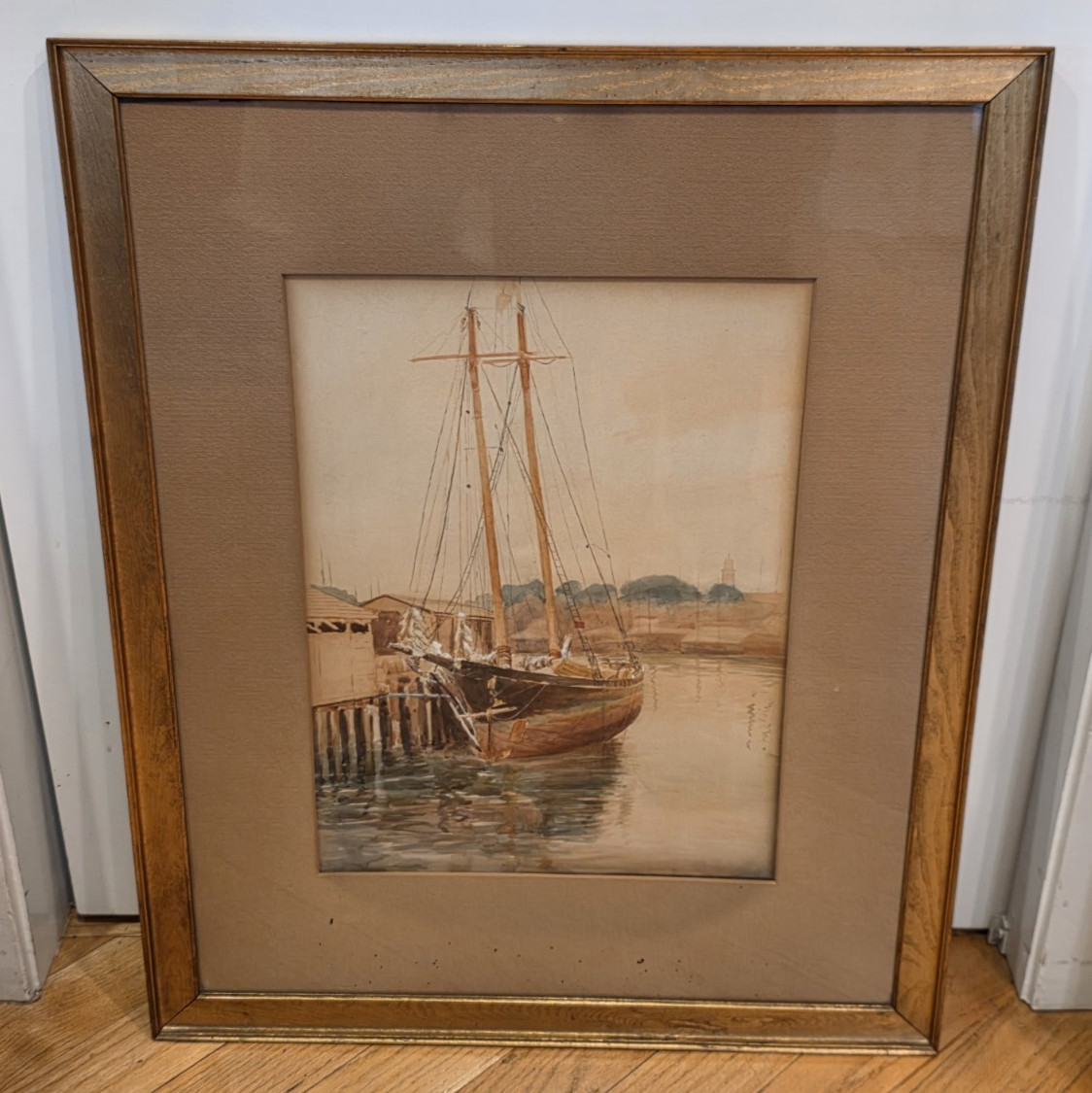 Antique Maritime Watercolor Painting Framed Two-Masted Schooner Harbor Scene