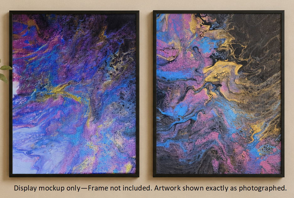 Set of 2 Abstract Acrylic Pour Paintings 8×10 Canvas Blue Pink Gold Wall Art