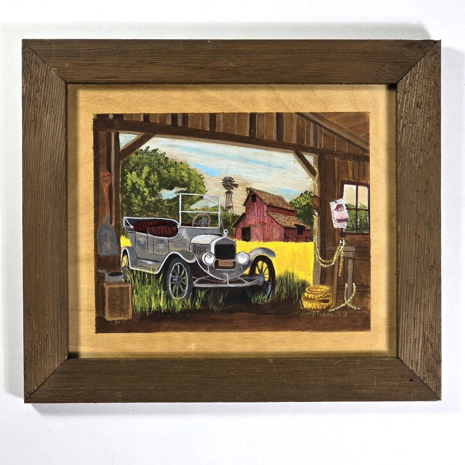 VTG 1989 Original Oil Painting on Wood Panel THE OLD MODEL T Ford Barn Windmill