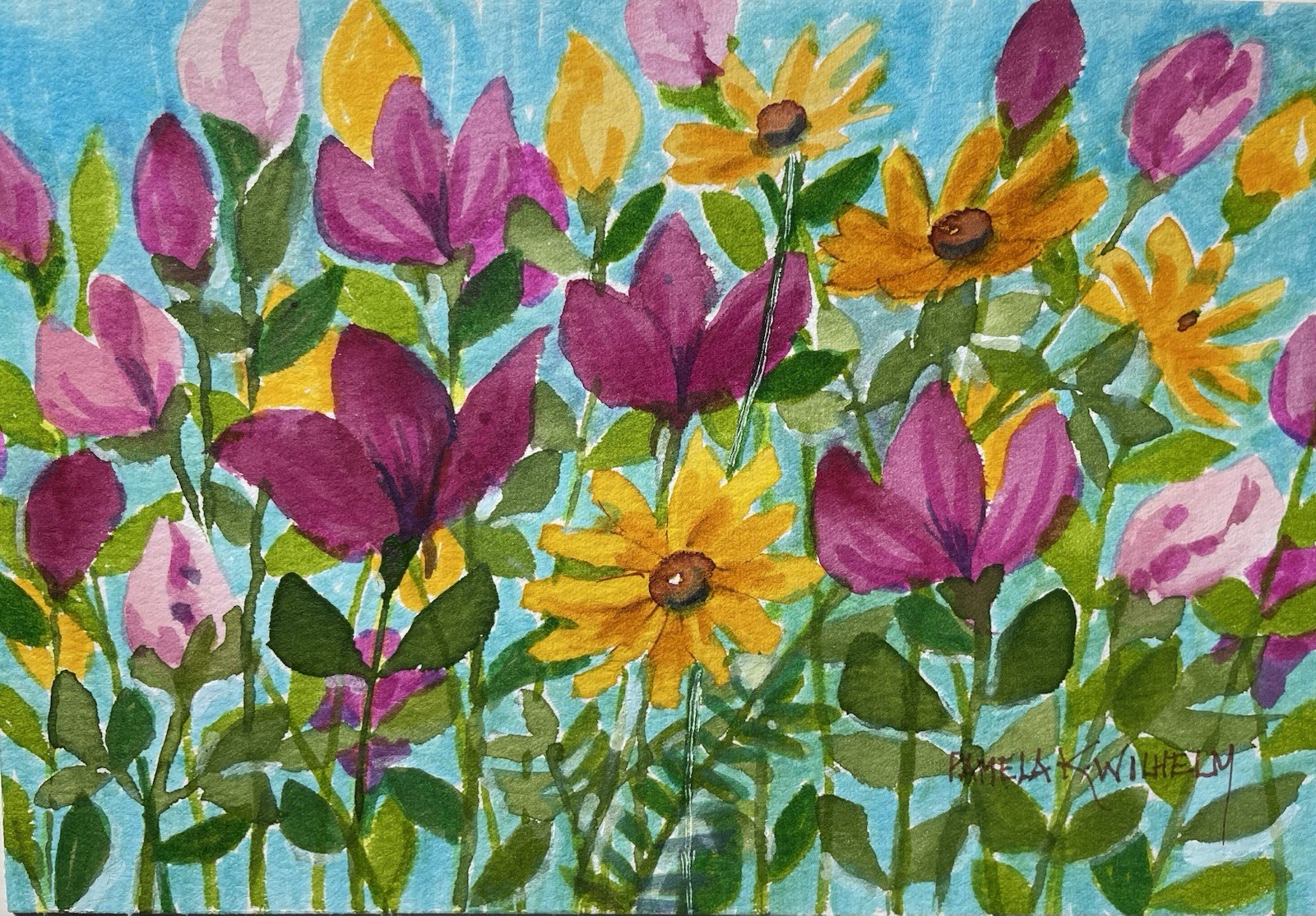 5×7 Pamela Wilhelm Original Watercolor Flower Garden In Pink Yellow Aqua Green