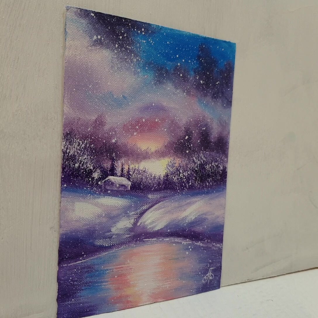 Winter Sunset Lake Path Painting Snow Cottage Purple Red Sky Signed Holiday Deco
