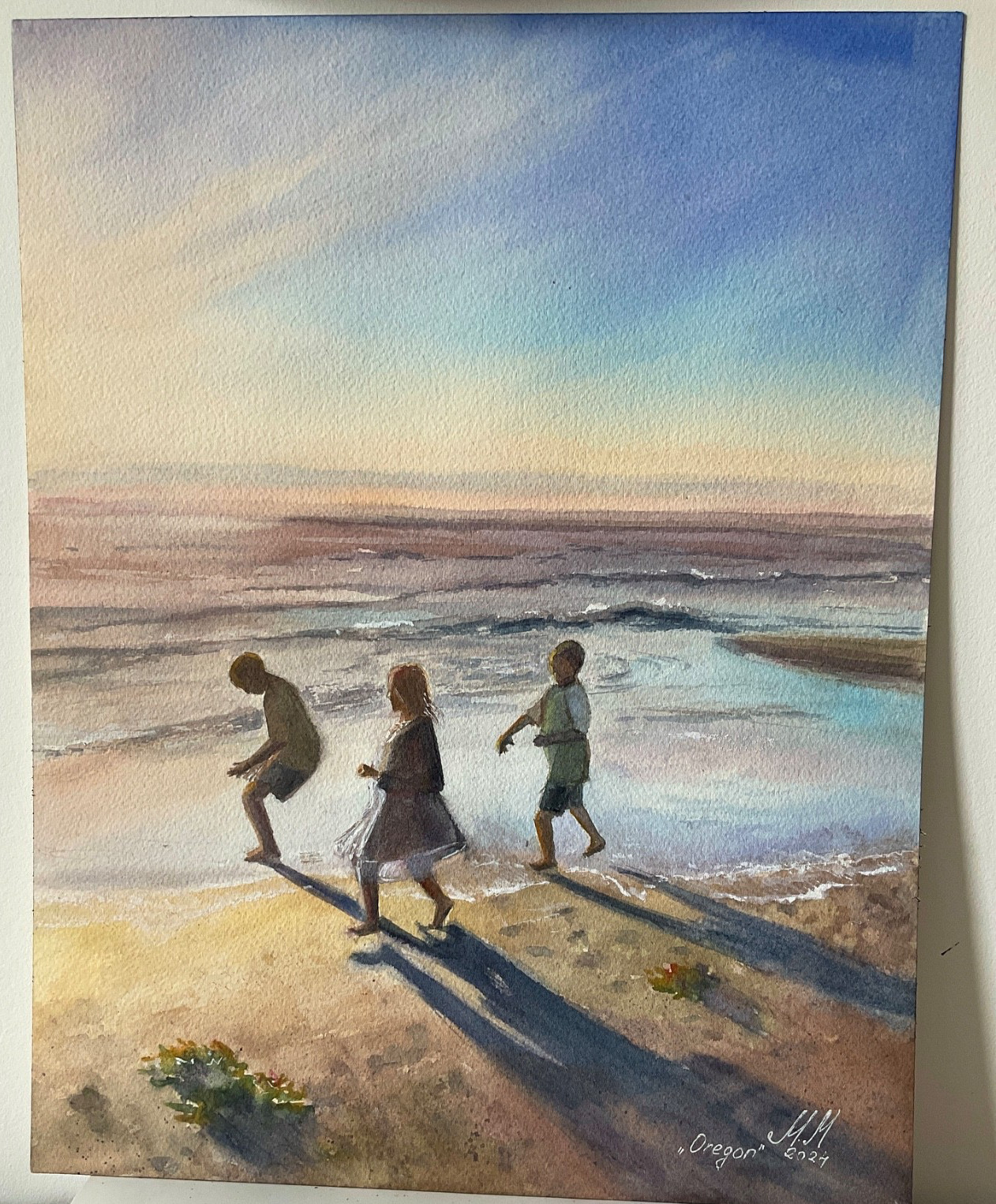 “Children at Sunset – Oregon Coast” – Original Watercolor Painting 11×14 in