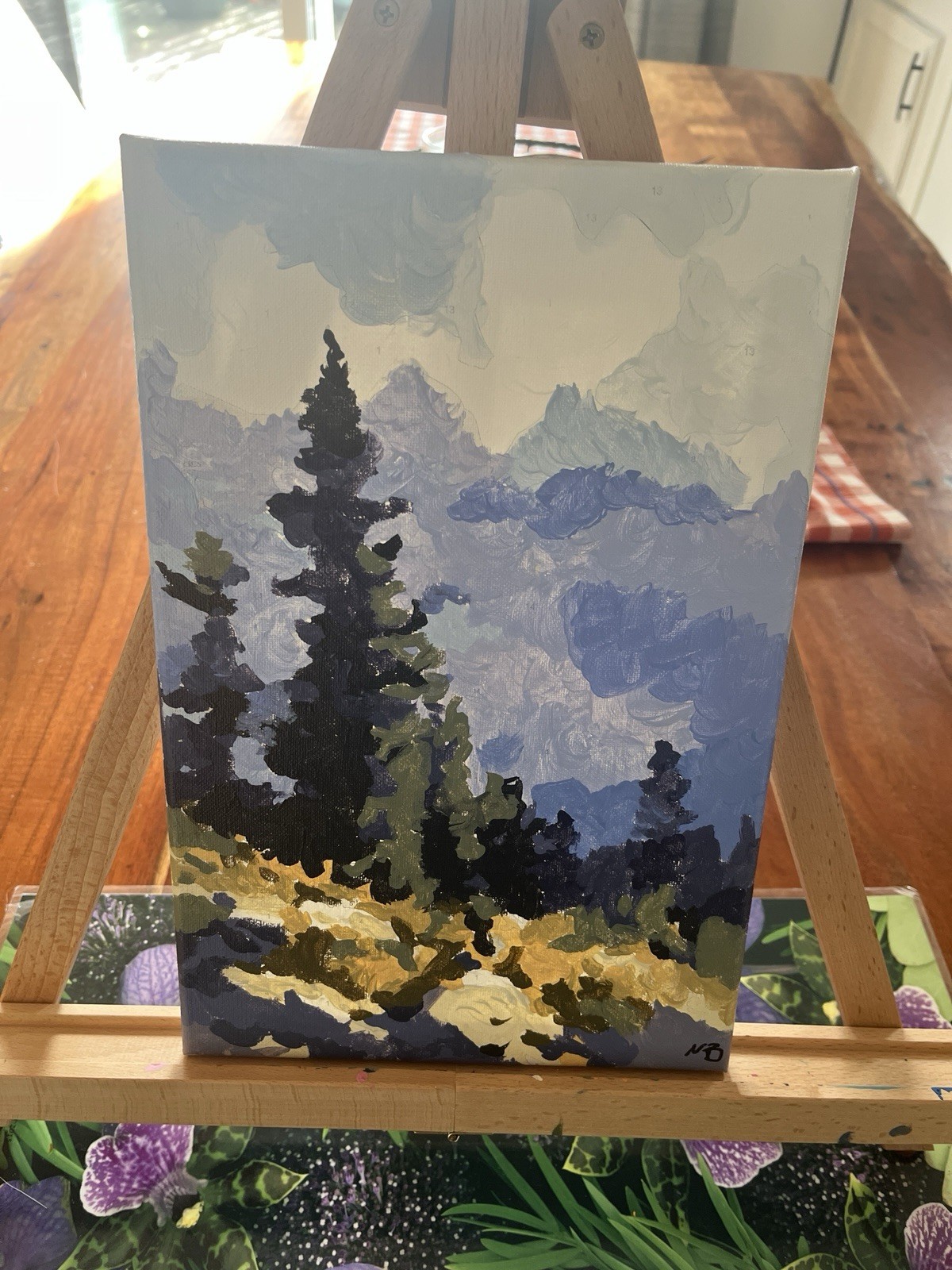 New hand painted by me acrylic on canvas winter trees painting blue green tones
