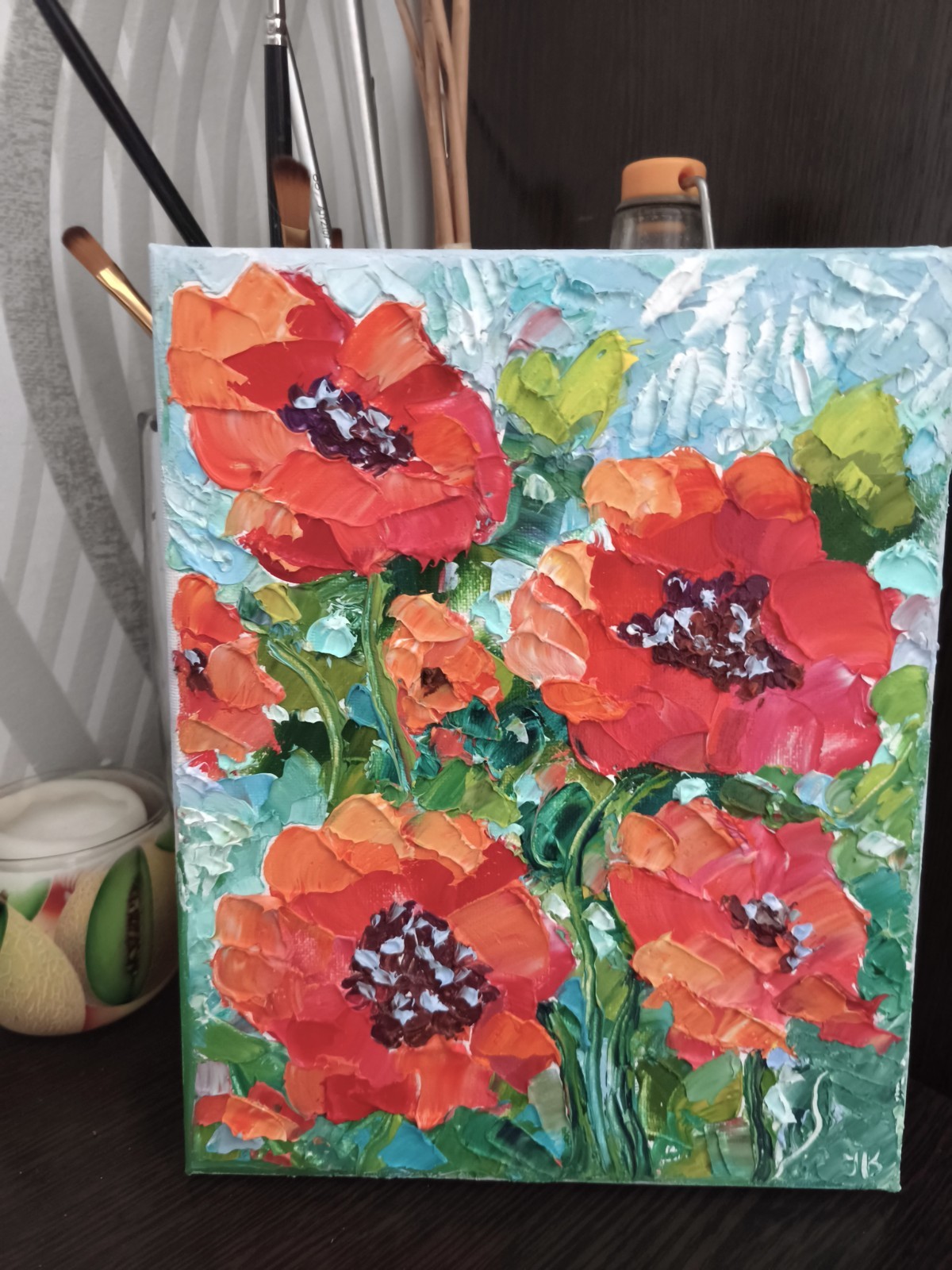 Original Oil Painting Red Poppy Flower Impasto Art on Canvas 25x20cm Signed