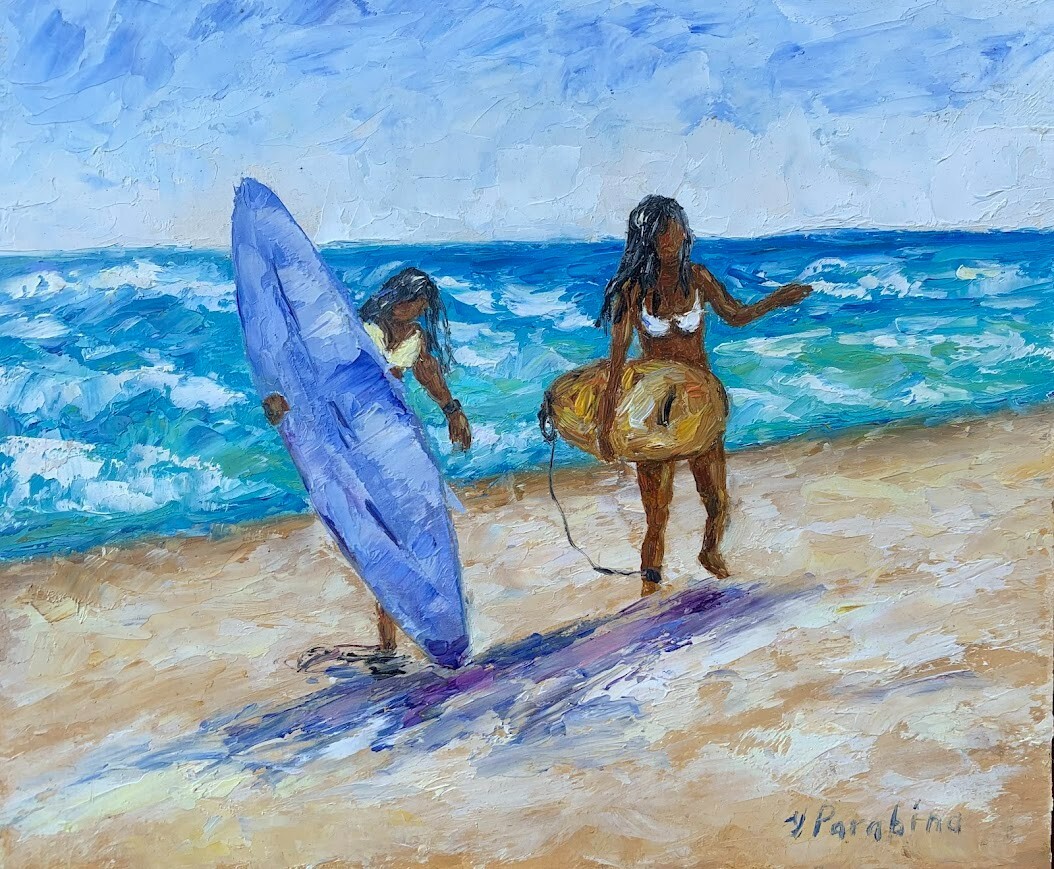 Original Oil Painting 7×8 in African American Surfer Girls on Beach Surf Art