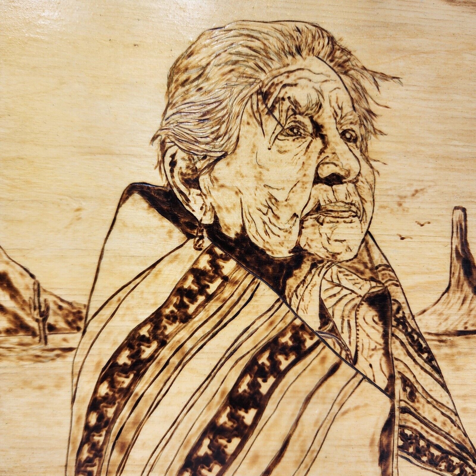 Vintage Native American Grandmother Wood Painting Burning Carving Hoehn 10×10″