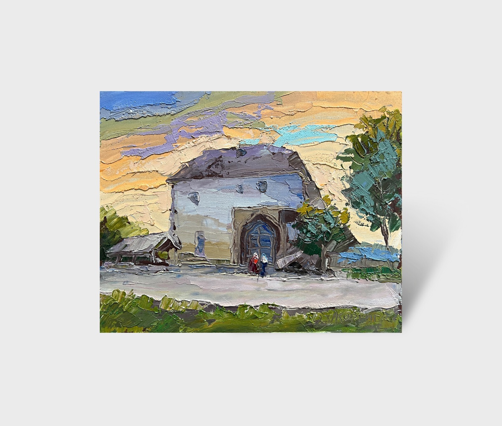 Oil painting Stone tower Ostroh Castle Ukrainian painter Canvas original art
