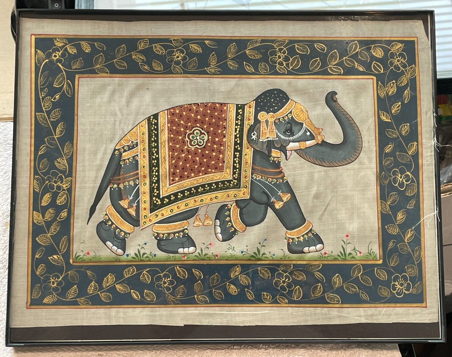 Vintage Hand Painted Asian Trunk Up Elephant on Silk Fabric Framed 10″ x 14″