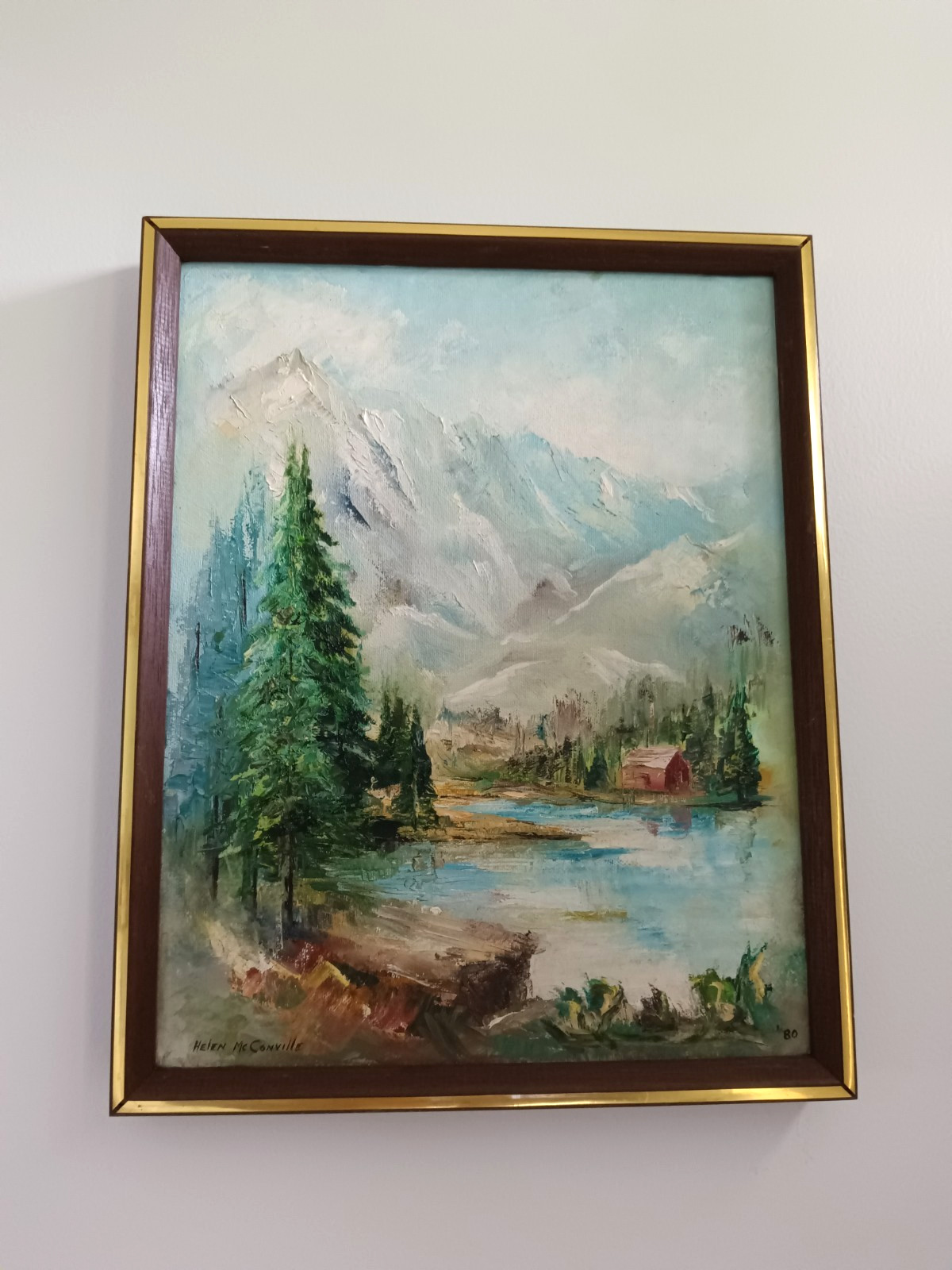 Vintage Original Oil Paintings Mountain Lake Cabin Landscape 1980 Signed Pair