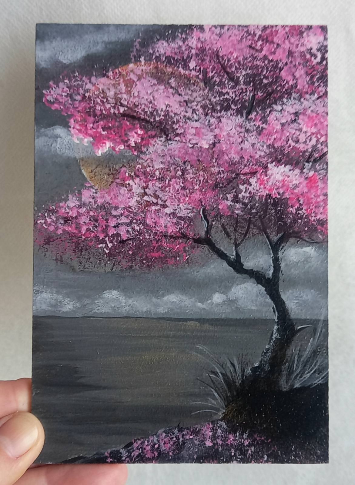 Evening Original Acrylic Painting Sea Landscape Sakura Small Wall Art 4 x 6 in.