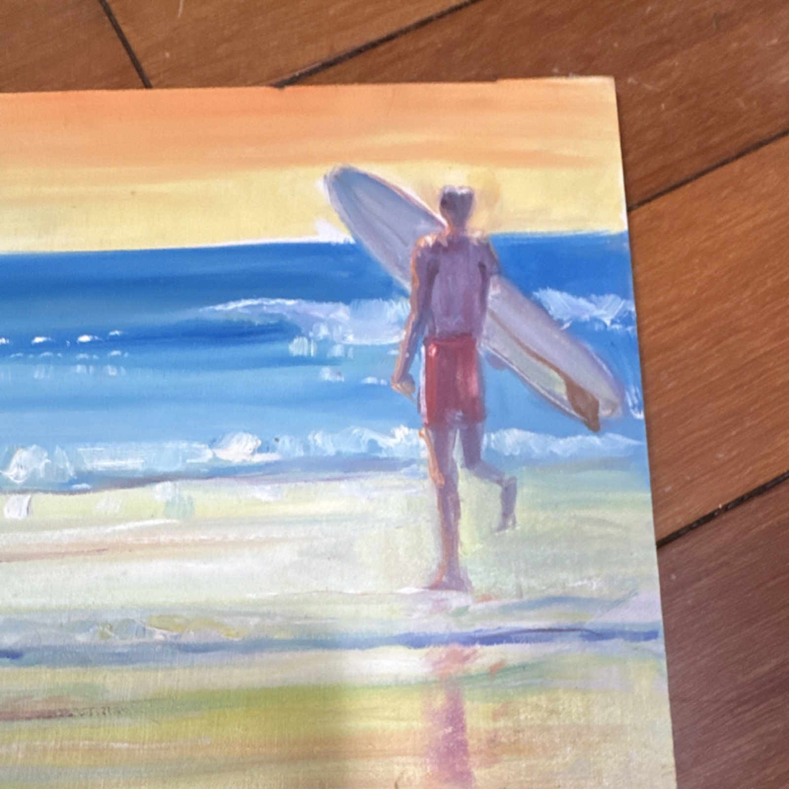 JJ Signed Original Painting Surfer Beach Seascape on Wood Panel, 7x8in