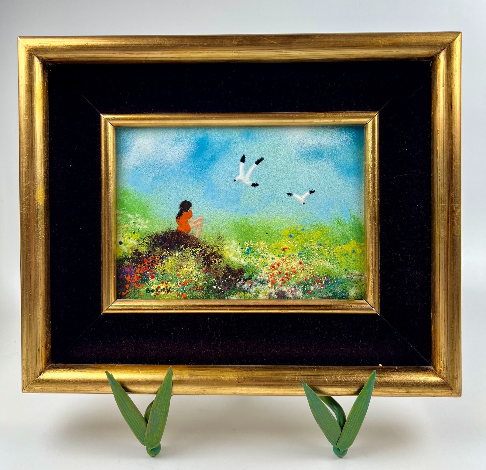 Framed signed original enamel on copper painting Wood velvet Gallery Wall art