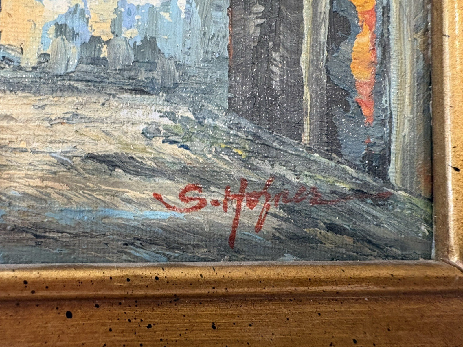 Solakis Signed Small Framed Oil on Canvas Impressionist Cityscape Painting