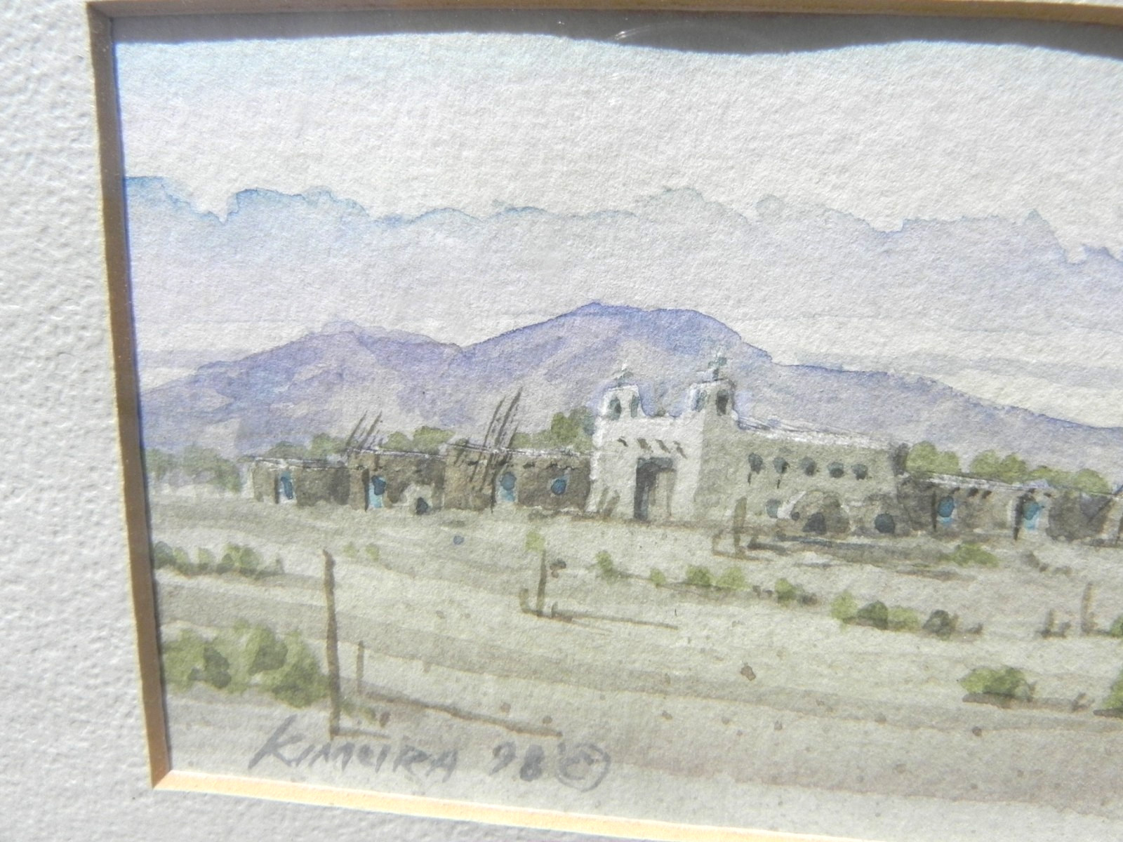 New Mexico Southwest art small watercolor painting mission church Eugene Kimura