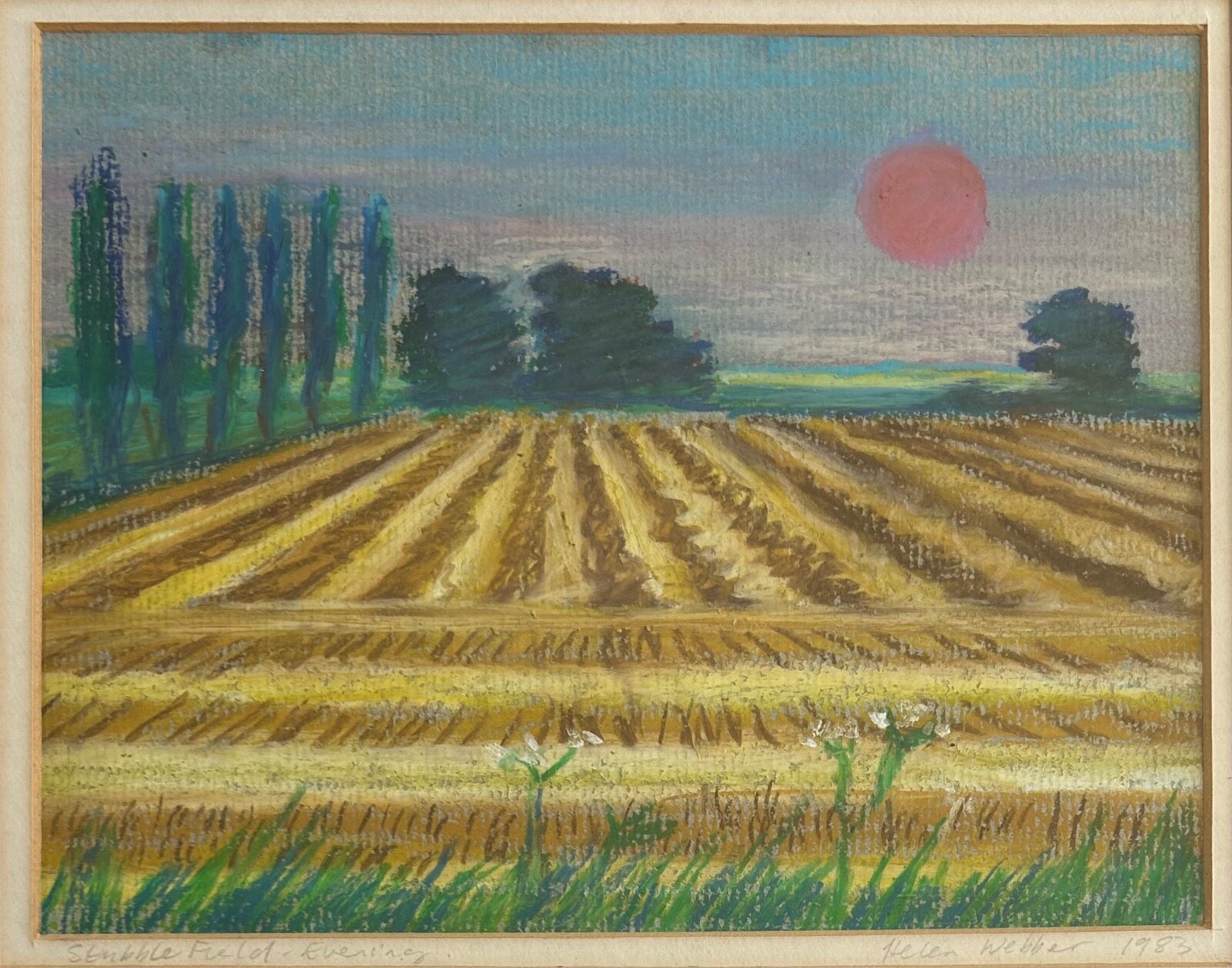 Helen Webber – original, signed, framed pastel on paper «Stubble Field-Evening»