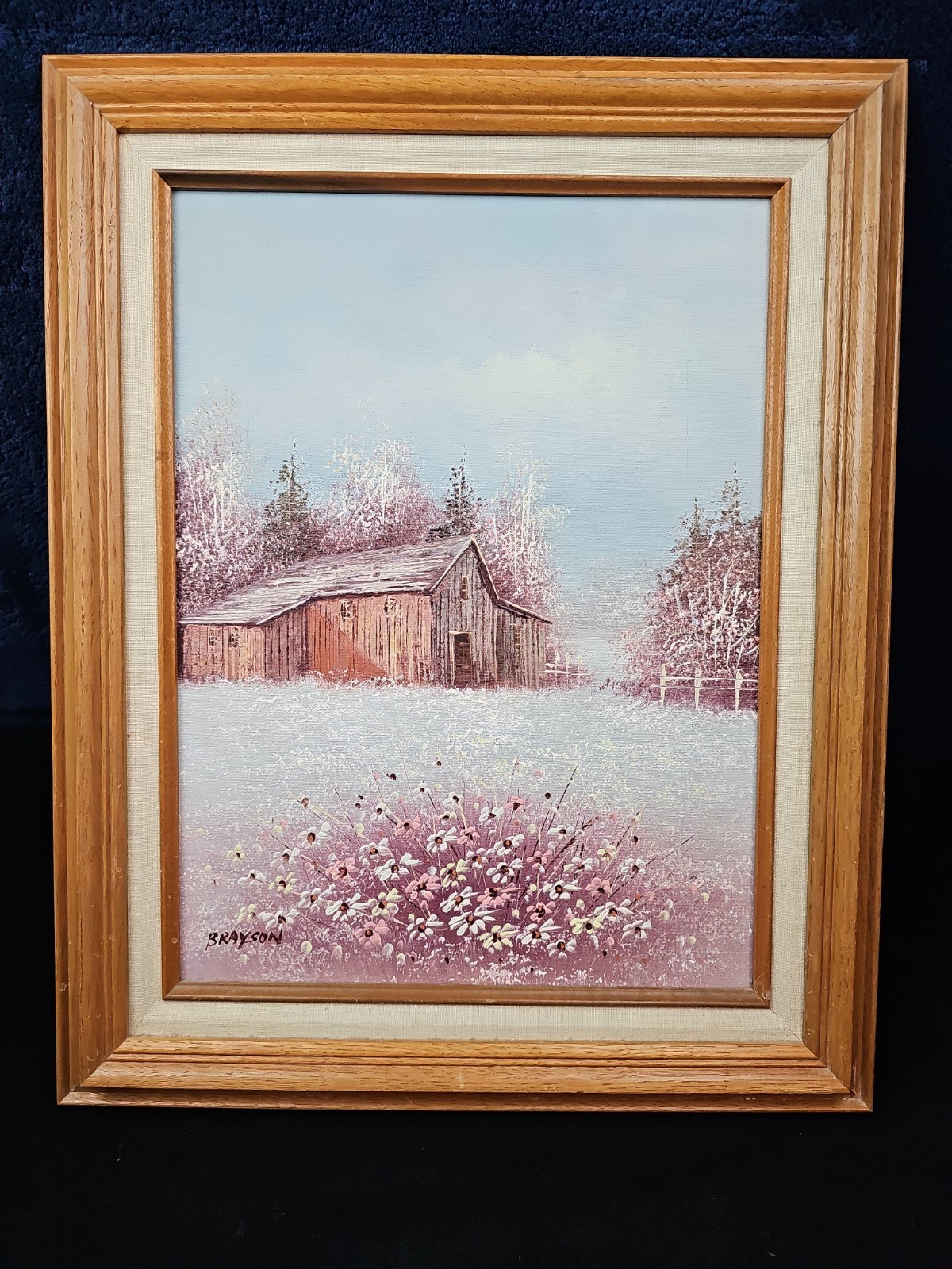 1988 Vintage Brayson Oil Painting Barn Silo Farm Flowers Americana MCM Original