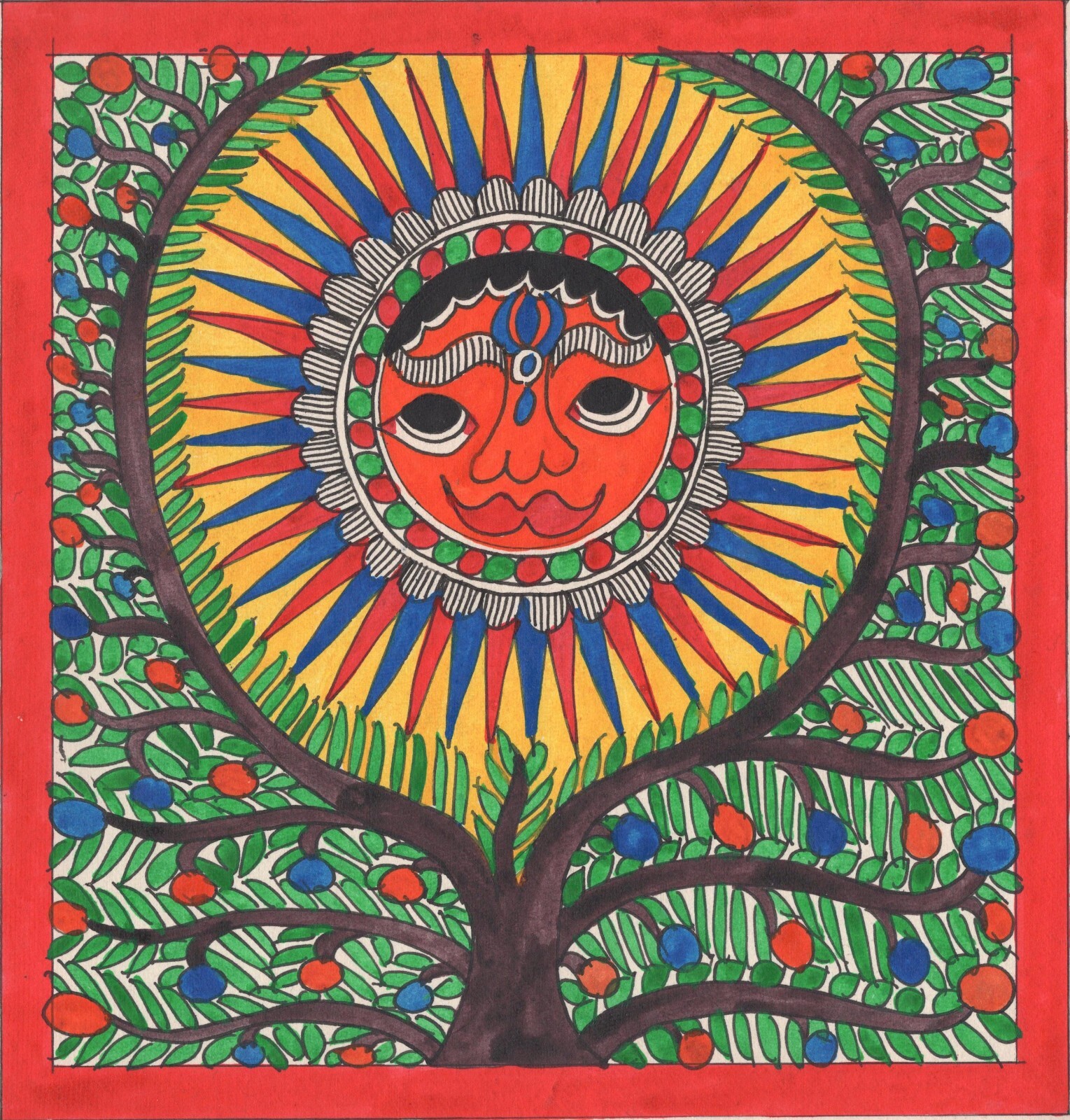 Madhubani Painting Indian Mithila Miniature Handmade Sun God Tree of Life Art
