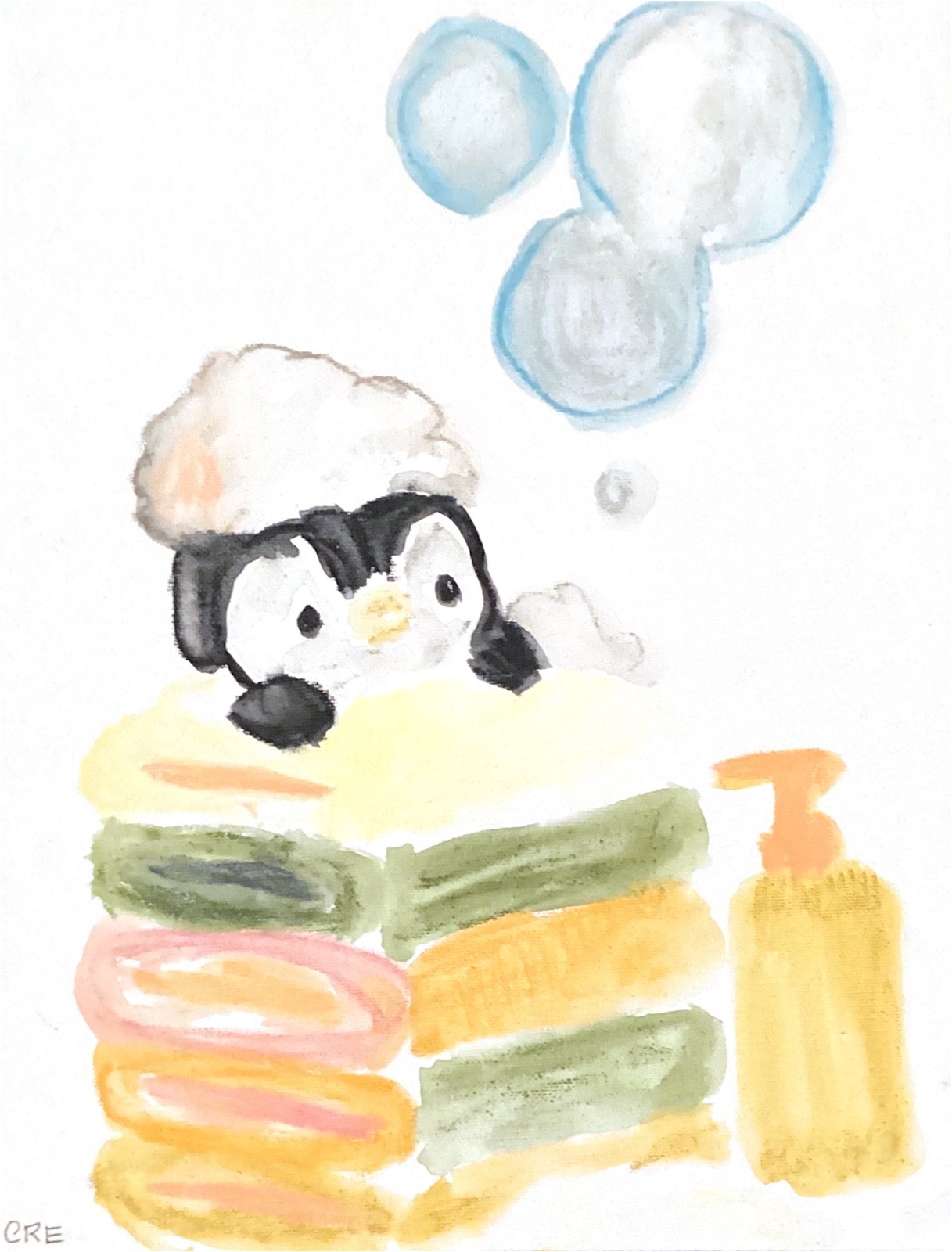 Penguin Spa Minimalist Bubble Bathroom Original Art 11 by 14 Canvas Panel