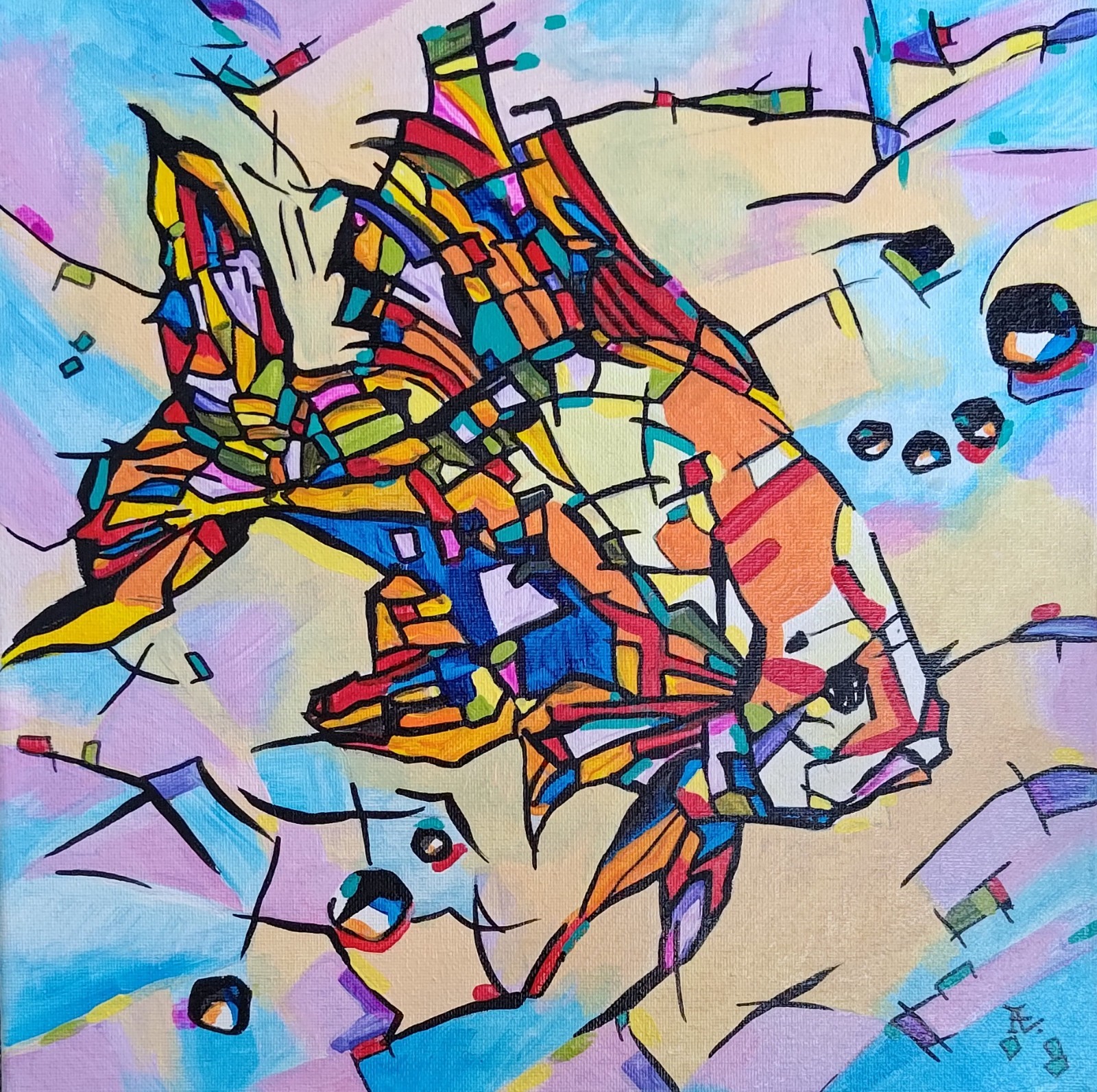 Original painting on canvas, GOLDFISH, acrylic, 12″x 12″, signed, abstract
