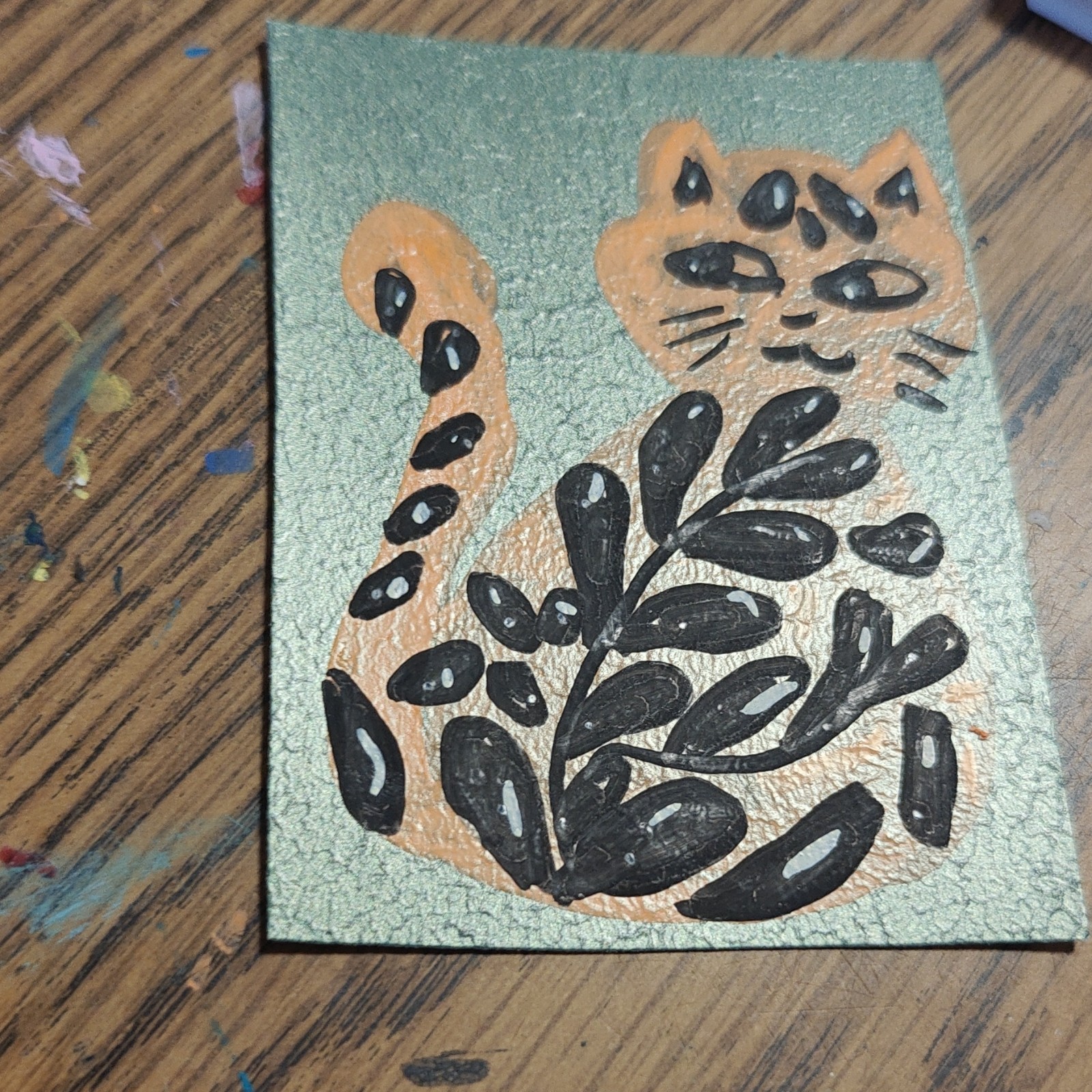 miniature cartoon cat painting on paper small original unframed single piece