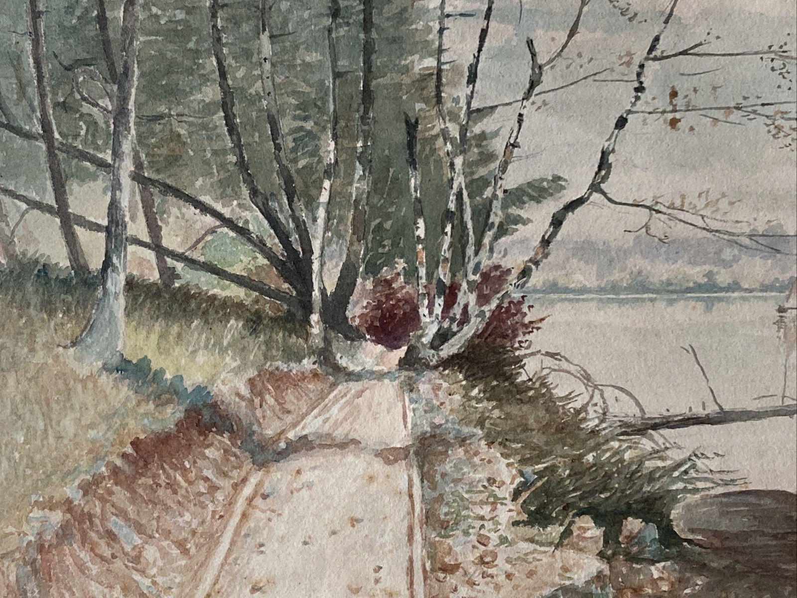 Antique 1903 Watercolor Painting Trail Along Lake & Sailboat By Herbert L Conner