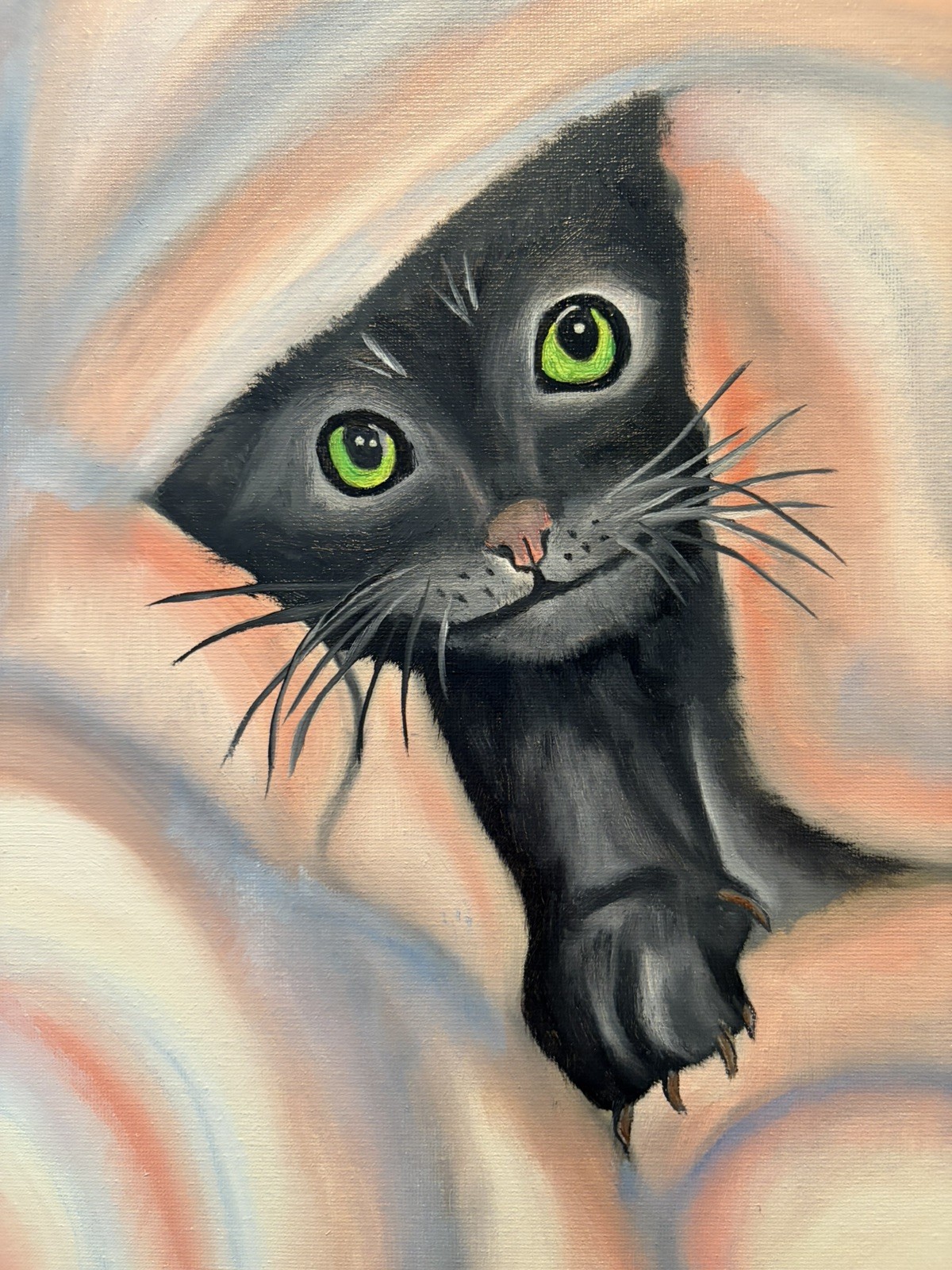 Original oil painting 11 x 14 inch black cat in blanket signed canvas- free ship