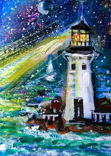 ORIGINAL ACEO Painting LIGHTHOUSE Night Stars Ocean Boats Waves Moon Sea ATC ART