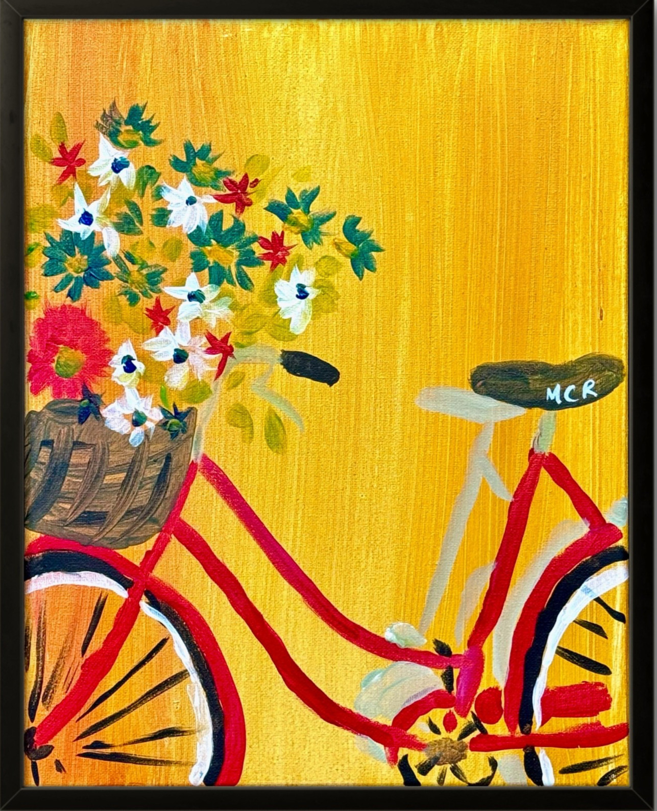 Bicycle Flowers Original Signed Mixed Media Wall Art Painting 11×14 OOAK