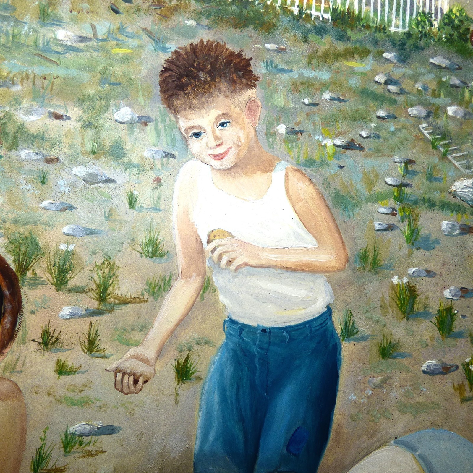 Large vintage depression era Bronx New York painting boys in slums Westchester