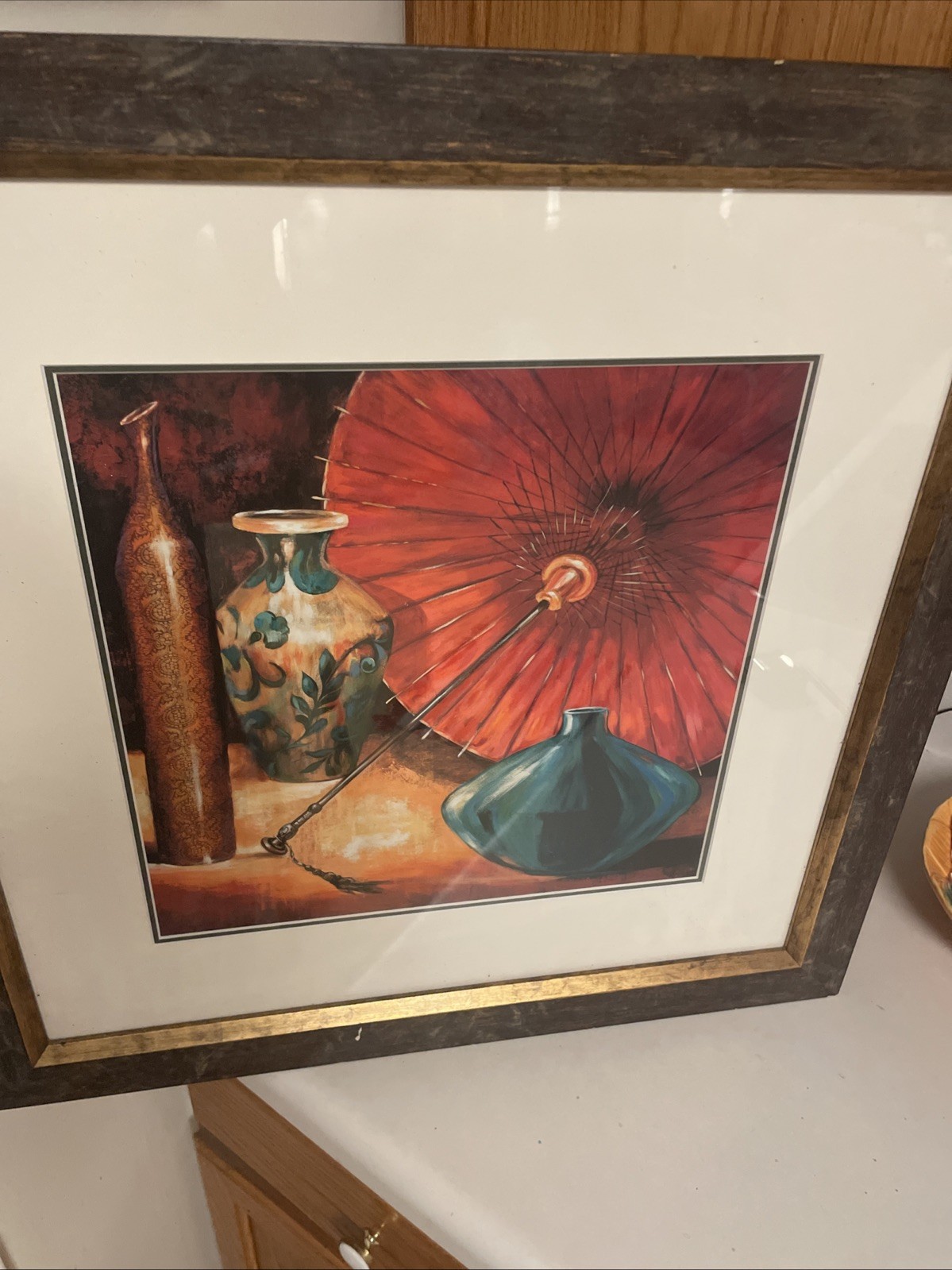 Zen Contemporary Art Print- Vases & Umbrella-Asian Realism. Framed 22.25” X22.2