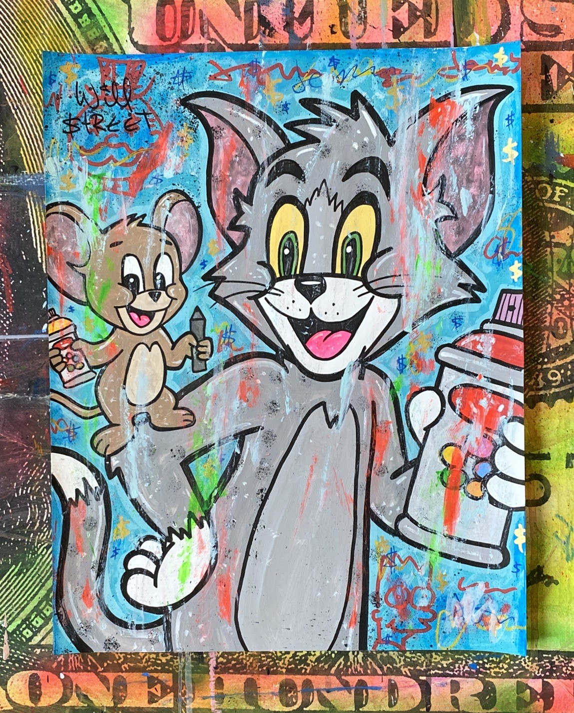 WILL STREET original painting 11×14/ tom jerry art graffiti pop cat mouse dface