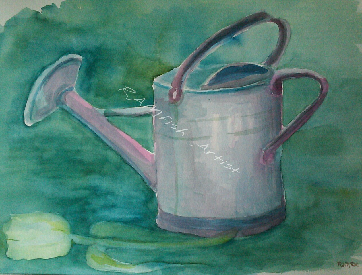 Spring Watercolor Watering Can Tulip Original Painting RAMfish Artist Garden