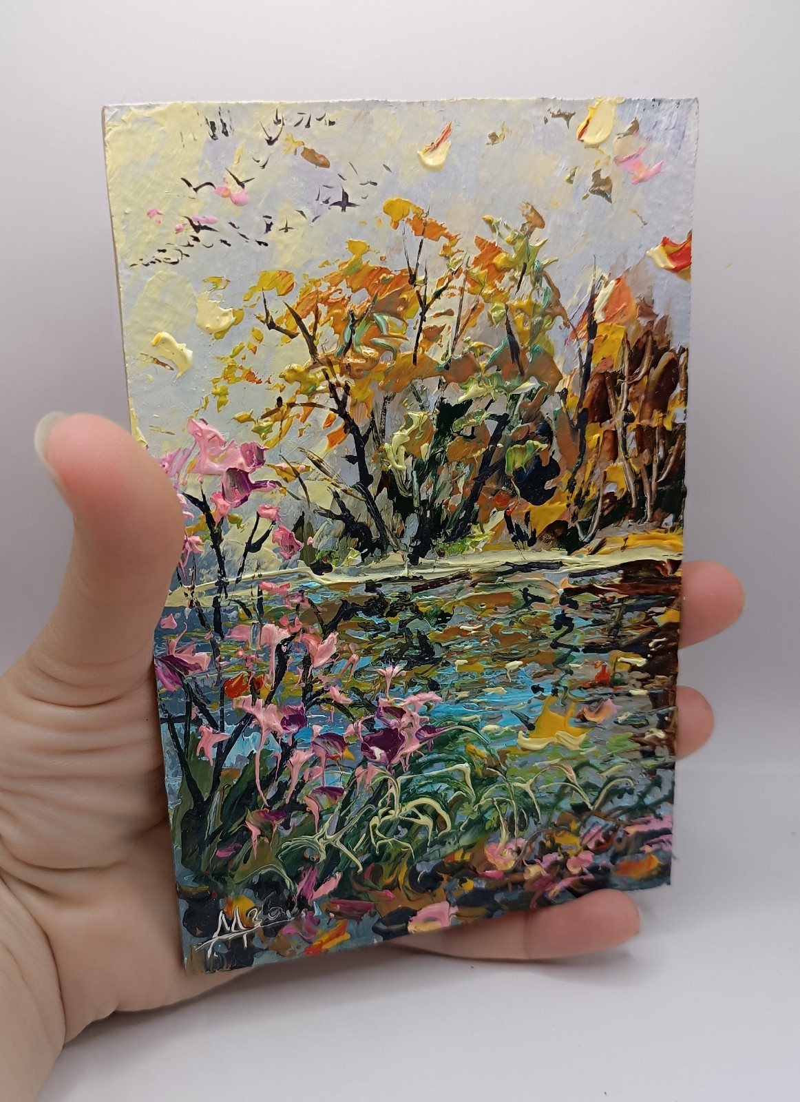 Original Autumn Pond Oil Painting Autumn Landscape Framed Miniature Art 4×6