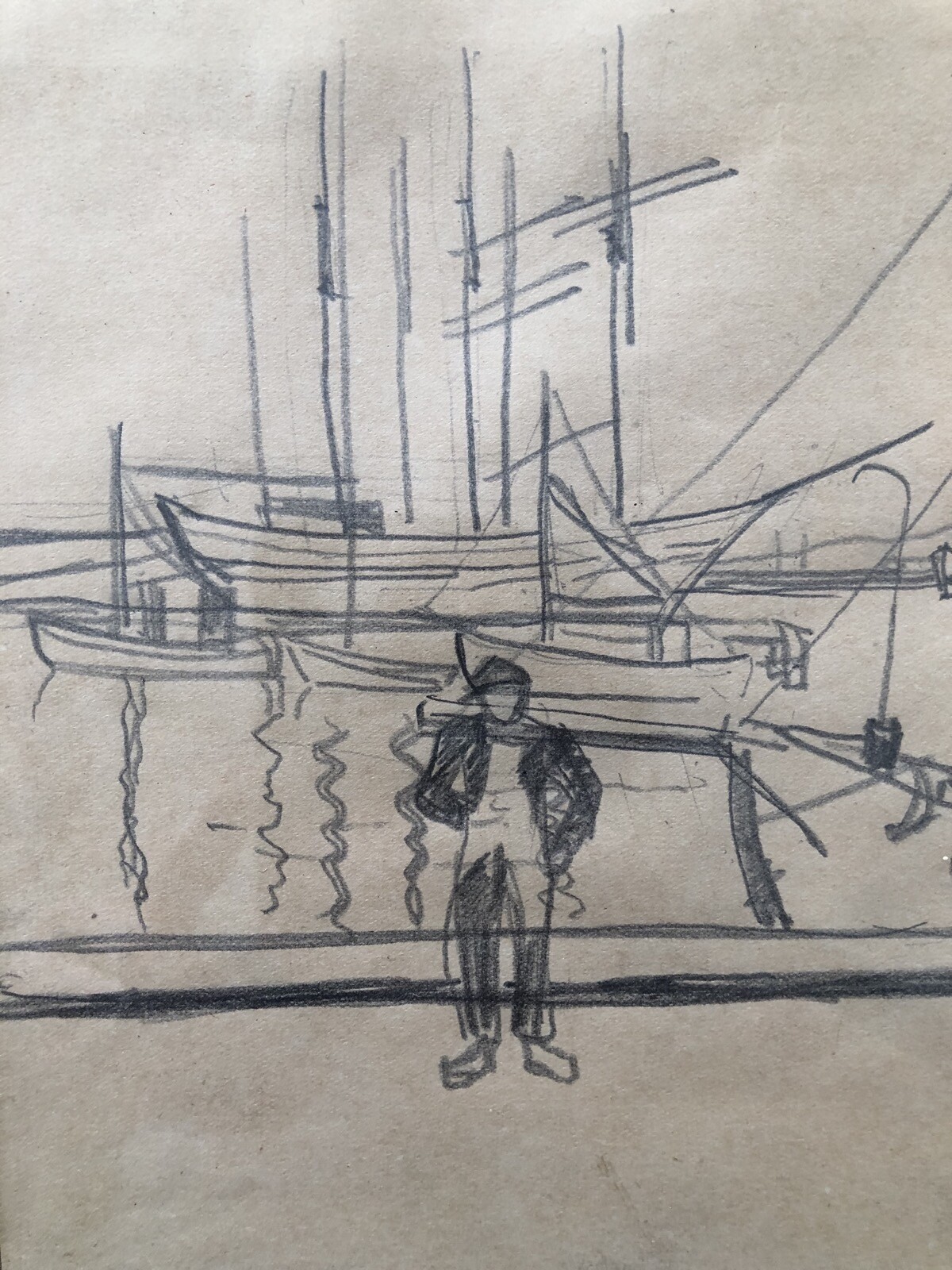 Antique Pencil Drawing Sketch Harbor Fishing Boats Nets Cart Pier Sea 1921