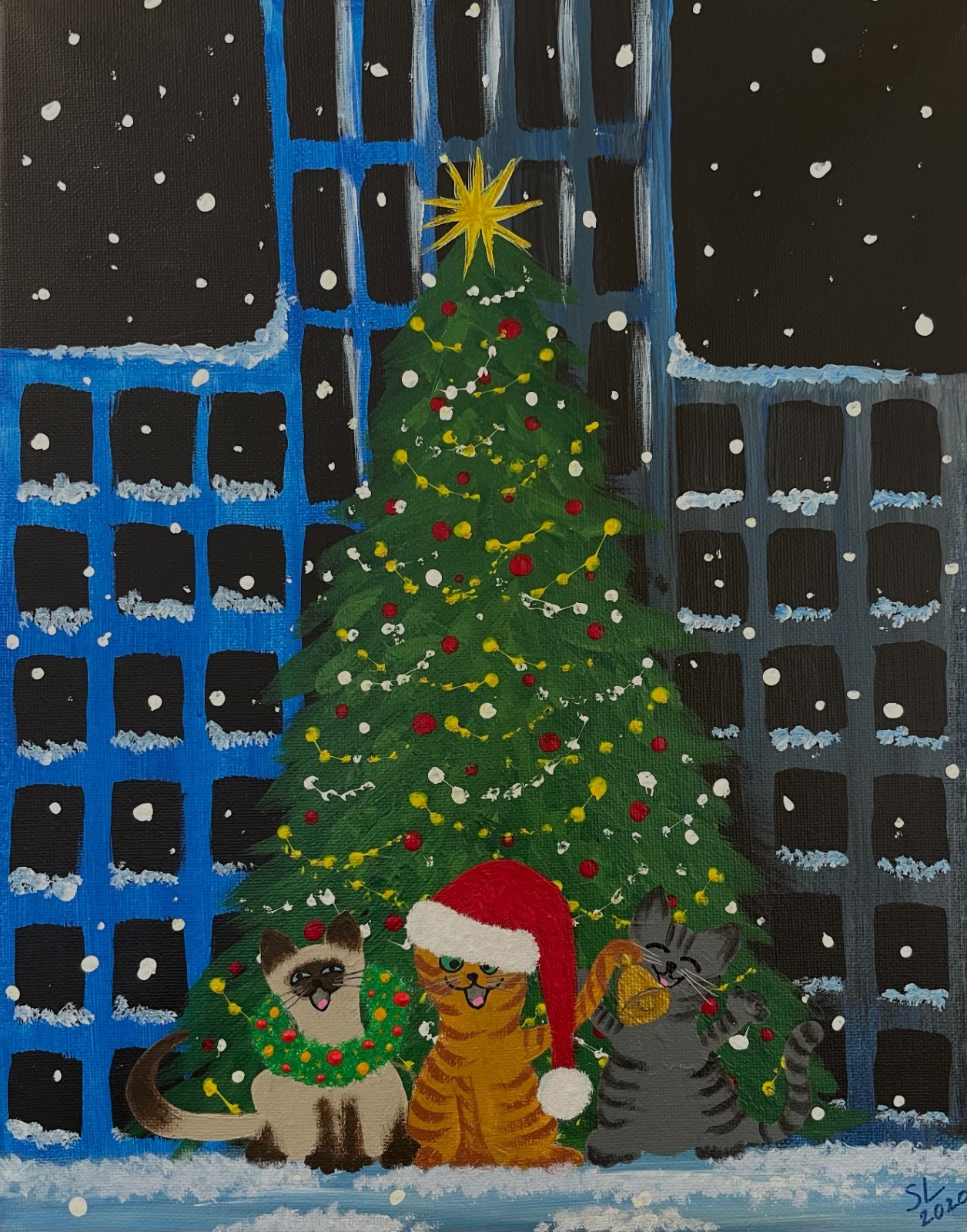 5 X 7 ART PRINT Cats Caroling by Christmas Tree in New York by Saulite NOT ACEO