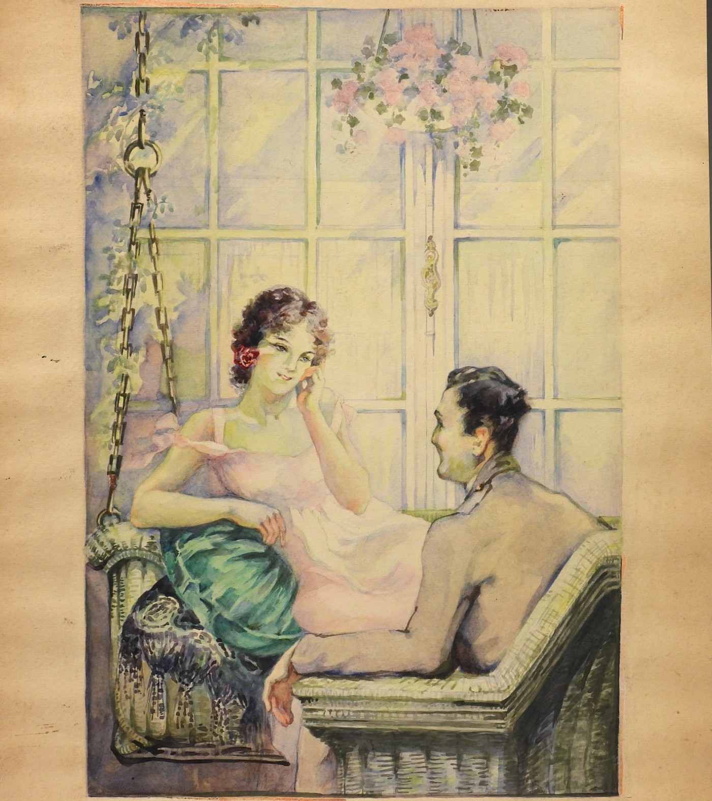 Lovers Romantic Couple on Veranda Illustration Watercolor Painting – Unsigned